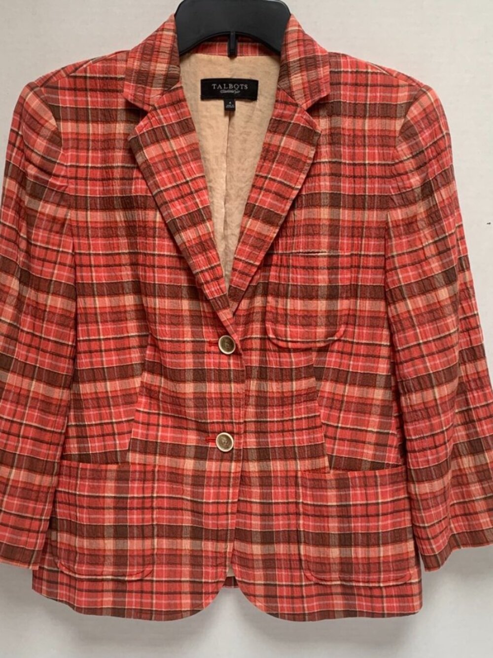 Talbots Grace Fit Womans Size 4 Salmon Plaid Blazer